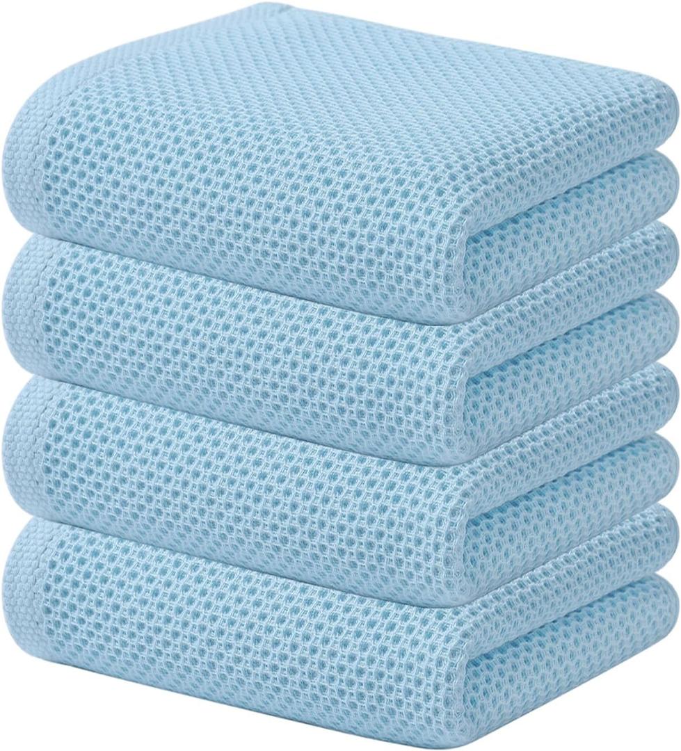 Kitinjoy 100% Cotton Waffle Weave Kitchen Hand Towels (13 X 28 Inches, Sky Blue), 4-Pack Super Soft and Absorbent Dish Towel for Drying Dishes