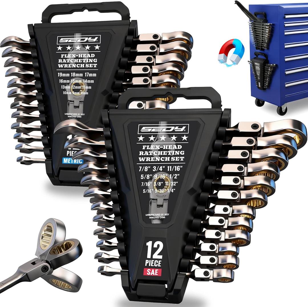 Premium 24-Piece Flex-Head Ratchet Wrenches Set with Magnetic Organizers, Metric SAE 8-19mm 1/4"-7/8", Cr-V Ratcheting Wrenches with 72 Teeth 180 Flex Head, Ratchet Combination Wrench Set for Repair