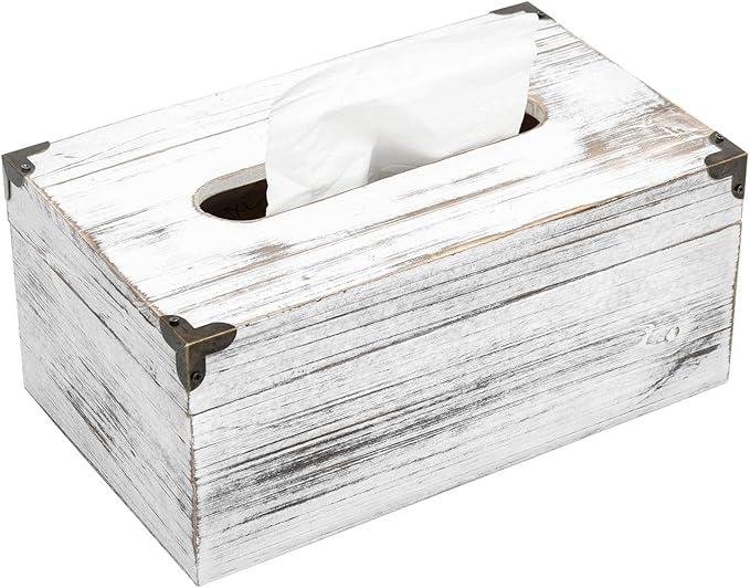 Distressed Wooden Rustic Facial Tissue Box Holder Tissue Box Cover Napkin Dispenser for Bathroom Living Room Dining Room Bedroom Toilet (Washed White)