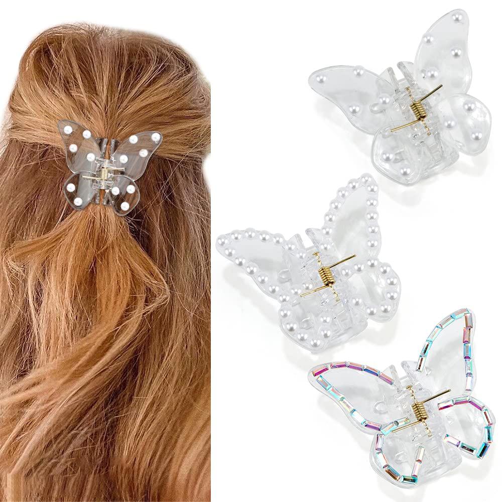 Canitor Butterfly Claw Clips 3Pcs: Butterfly Hair Clips for Women - Clear, Pearl - Thick, Thin Hair - Elegant, Medium Size (1 Count (Pack of 3), Style-11)