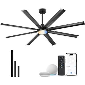72 Inch Industrial Ceiling Fan Without Light, Matte Black Outdoor Model for Covered Areas, 8 Aluminum Blades, Powerful Airflow, Modern No-Light Design, CF04NBK-72