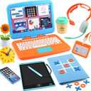 Pretend Play Home Office Set for Kids, Features Toy Laptop Computer, LCD Writing Tablet, Toy Phone, Headset, Sunflower & Coffee Cup, Toys Gifts for Boys Girls Age 3-5-7