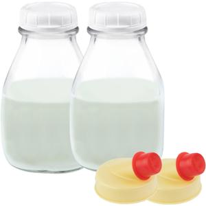 kitchentoolz 16 Oz Glass Milk Bottle with Lid - 16 Ounce Short and Wide Glass Milk Container for Refrigerator with Tamper Proof Lid and Pour Spout - Pack of 2