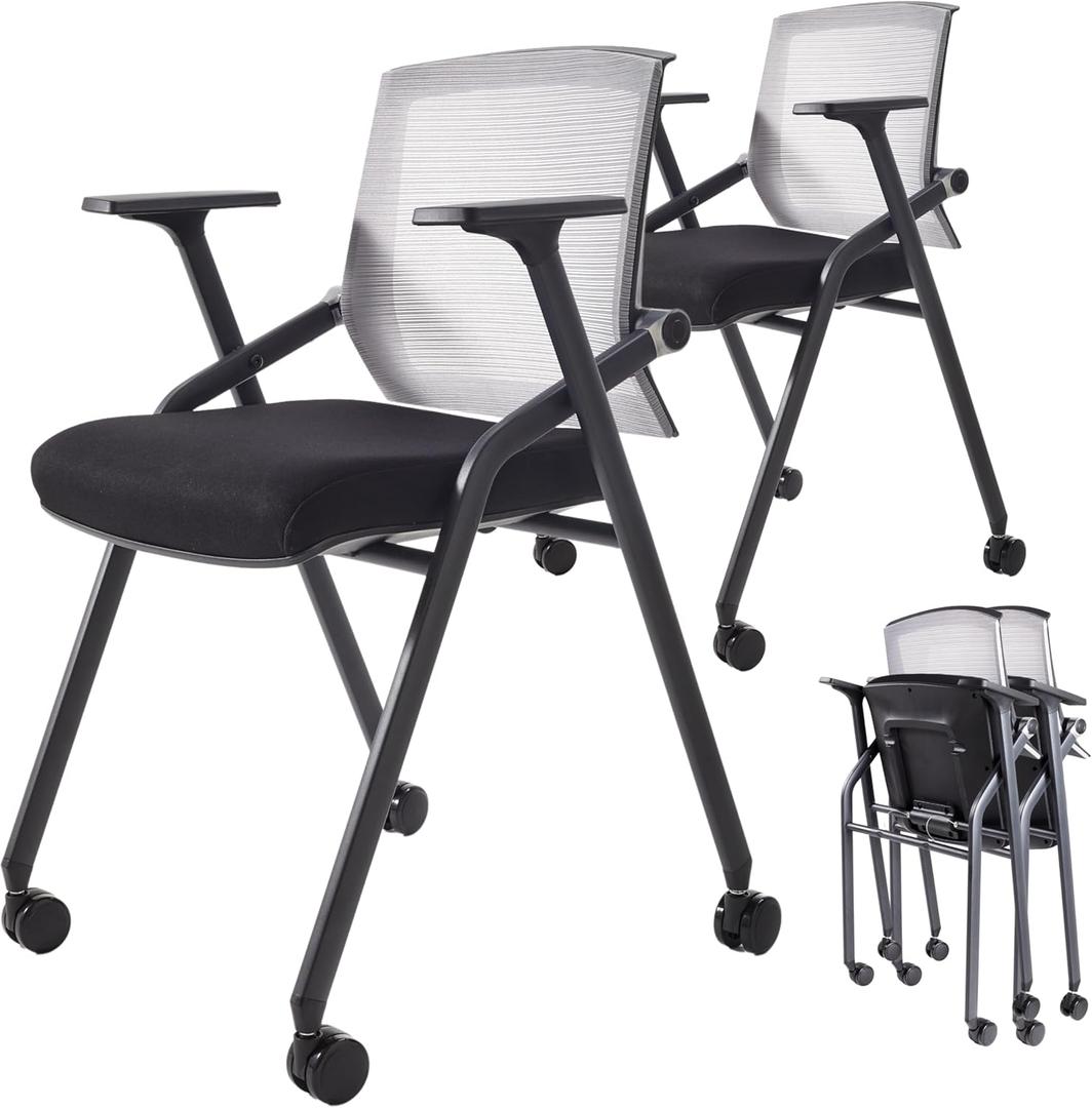 Conference Room Chairs, Folding Office Desk Chair with Lumbar Support and Sliding Armrest with Casters, Stackable Office Guest Chairs & Reception Chairs(2 Pack) (Grey)