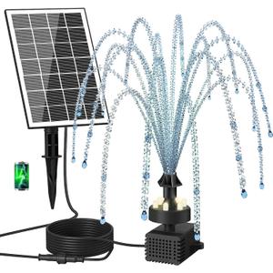 Solar Fountain Pump with Adjust Glass Panel, Upgrade 3.5W Solar Water Pump with Stake, 16.4ft Cable, 2000mAh Battery, White LED Lights, Solar Powered Fountain Kits for Bird Bath, Hummingbird