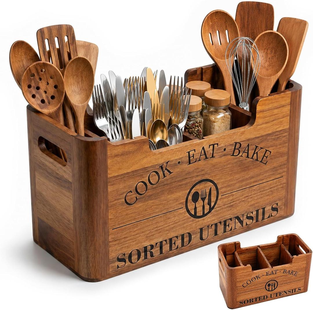 Upgraded Large 4-Compartment Acacia Wood Kitchen Utensil Holder