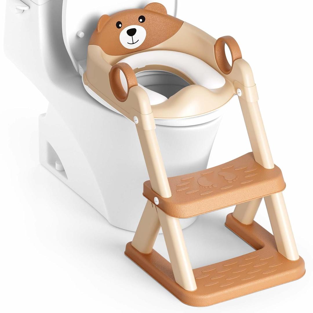 Potty Training Seat, Upgrade Toddler Toilet Seat for Kids Boys Girls, 2 in 1 Potty Training Toilet for Kids, Splash Guard Anti-Slip Pad Step StoolBrown