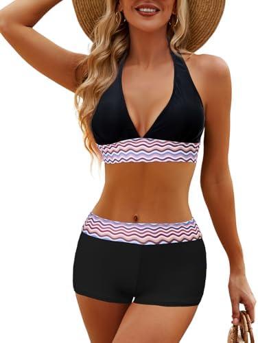 Century Star Two Piece Swimsuit with Boy Shorts Swimming Suits for Women Bikini Set V Neck Bathing Suit Swimwear, M