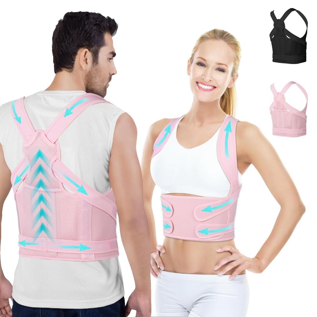 Posture Corrector for Women and Men,4 In 1 Adjustable Full Back Brace,Posture Braces Can Relieve Upper and Lower Back Pain, Shoulder Braces for Hunchback,Scoliosis, Lumbar Spine, Spine Medium Pink