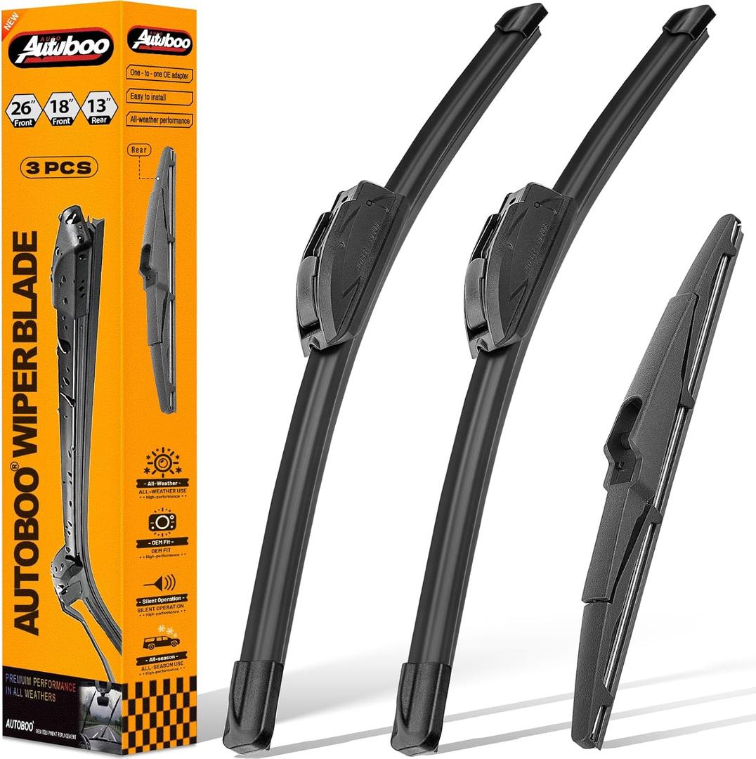 AUTOBOO 3-Pack Windshield Wiper Blades for Kia Telluride 2020-2025 Kia Sedona 2015-2021, Original Equipment Replacement 26"+18" Front and 13" Rear, All-Weather Performance, Easy One-Click Install