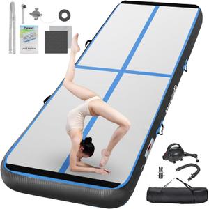 FBSPORT Inflatable Air Gymnastics Mat Training Mats 4/8 inches Thickness Gymnastics Tracks for Home Use/Training/Cheerleading/Yoga/Water with Pump (6.6ft*3.3ft*4in(2*1*0.1m), Black Blue)