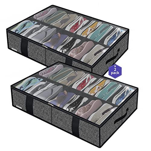 Onlyeasy 2 Pack Under Bed Shoe Storage Organizers with Handles & Clear window (Fit 14 +14 Pairs), Sturdy Underbed Box Organizer Shoe Storage Bags for Kids & Adults, Linen-like Black, MXAUBS14S14