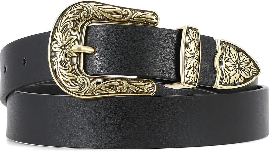 WHIPPY Western Belts for Women - Vintage Western Design Ladies Cowgirl Waist Belt for Pants Jeans Dresses, 5-black Gold Buckle, S: Fit Waist Size 26-30"