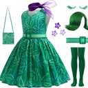 RuuYiicoco 10Pcs Girls Green Costume Cosplay Dress up Halloween Outfits with Wig (Green, 9-10 Years)