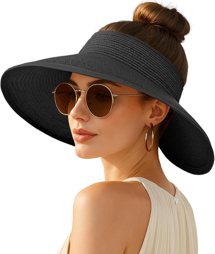 Women's Sun Visor Hats Wide Brim Straw Beach Hat Ponytail Hats for Women Foldable Floppy (Black)