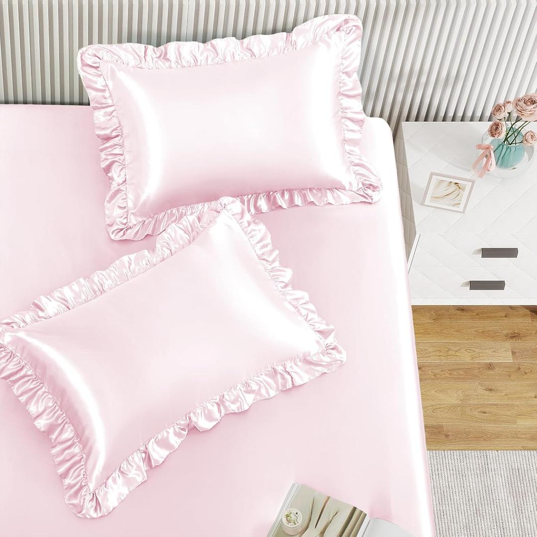 Homiest 3-Pieces Ruffle Pillow Case & Satin Fitted Sheet Set, Blush Pink Queen Satin Sheets with 2 Ruffled Pillow Shams, 15 Inch Deep Pocket, Cute & Coquette Silk-Like Bed Set for Decorating Bedroom