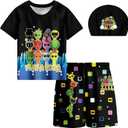 Boys Swimwear 3Pcs Sets Kids Music Game Tee Swimsuit with Swimming Cap for 5-12Y Adventure Child Clothes (9-10 Years, Pureblack)