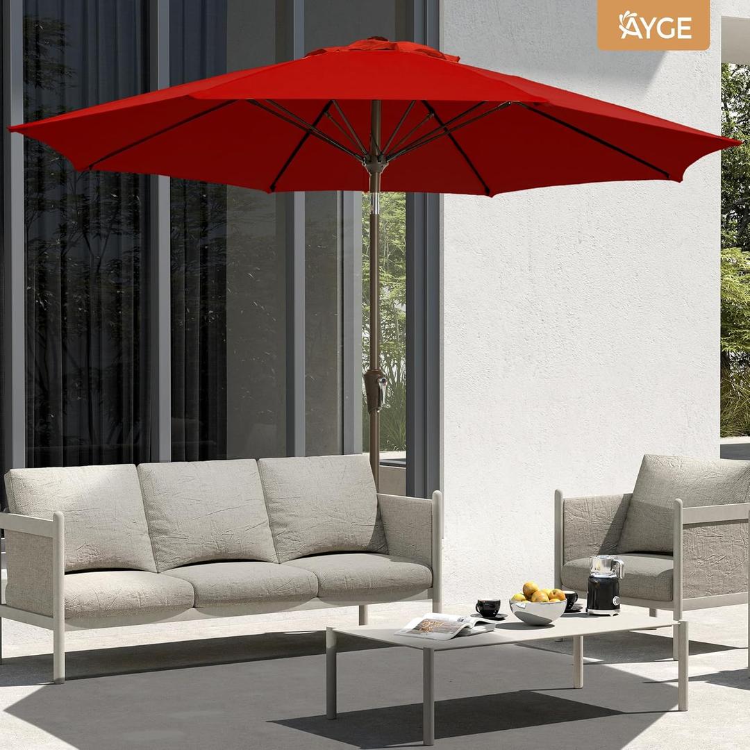 Ayge 9FT Large Outdoor Patio Umbrella Market Table Umbrella-UV Resistant, Easy Push Button Tilt and Crank, 8 Sturdy Fiberglass Ribs Heavy-Duty Pool Umbrella for Deck, Backyard,Garden,Red