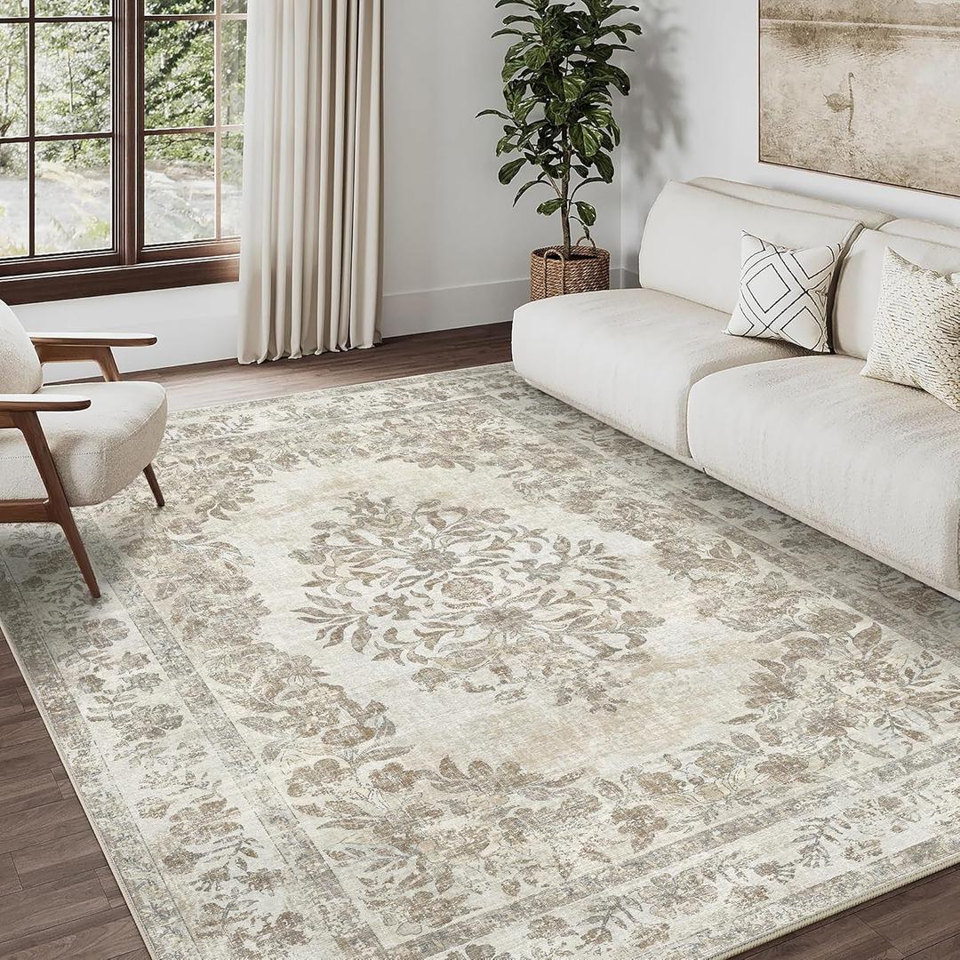PureCozy 6x9 Area Rug Beige Washable Vintage Distressed Living Room Carpet Large Bedroom Indoor Medallion Floral Non Slip Retro Throw Floor Mat for Office Dining Room Kitchen Bathroom