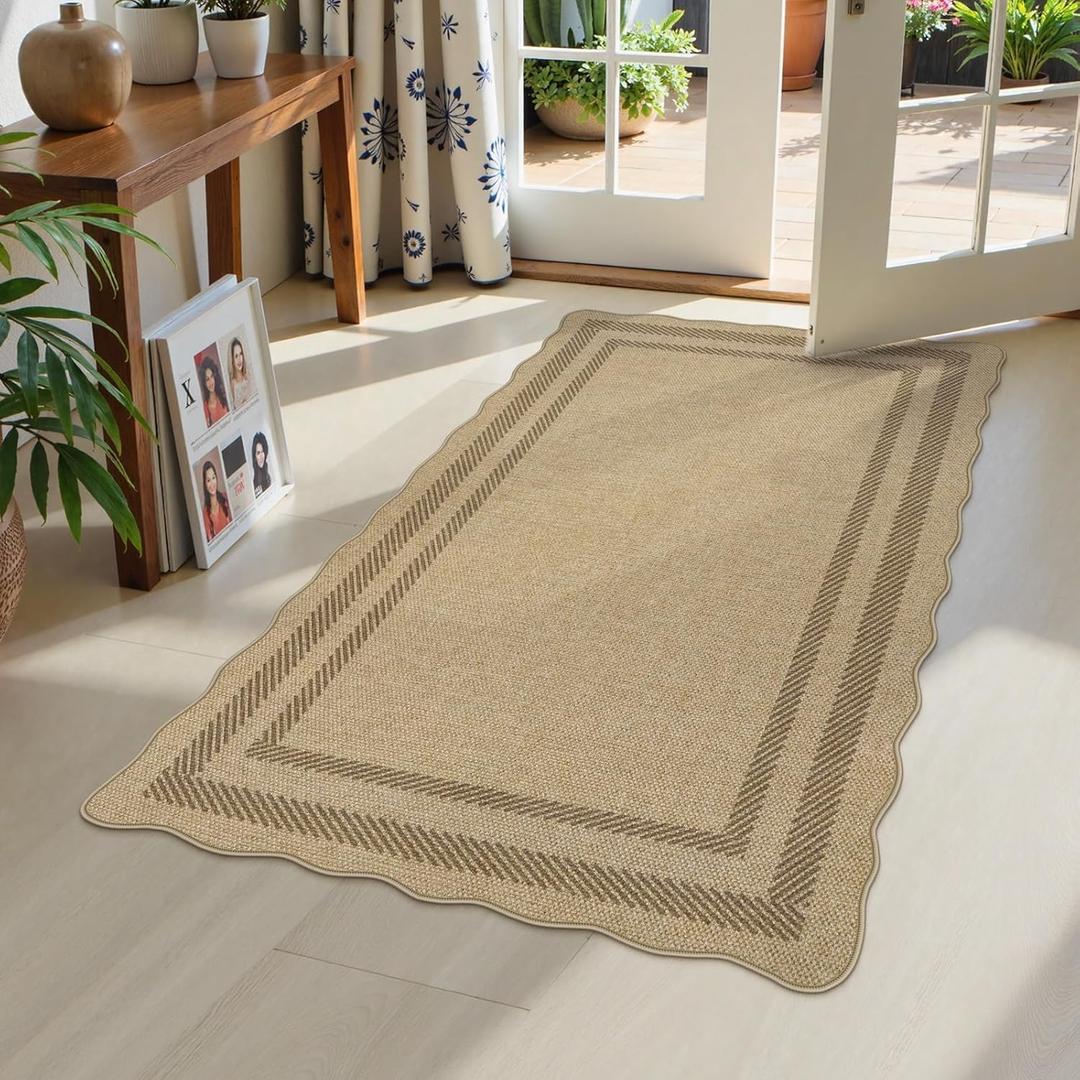 LIVEBOX Scalloped Easy Jute 3x5 Outdoor Rug, Washable Non-Slip Geometri Tan Rugs for Entryway, Indoor Outdoor Farmhouse Rug Morden Carpet Door Mat Area Rug for Bedroom Living Room Kitchen (Tan/Border 2)