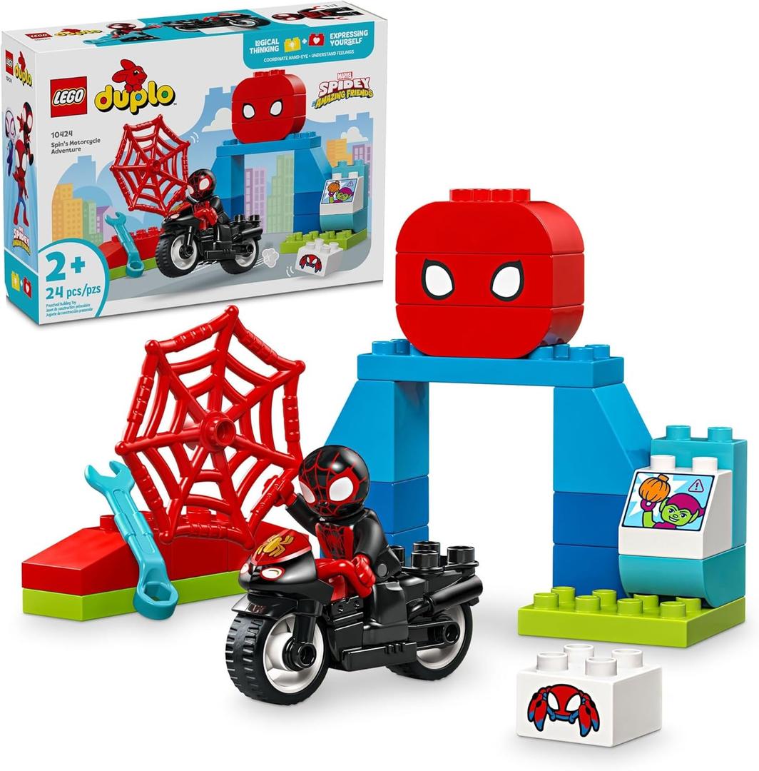 LEGO DUPLO Marvel Spins Motorcycle Adventure Fantasy Playset, Based on Spidey and His Amazing Friends TV Show, Build-and-Rebuild, Toddler Toys, Preschool Motorcycle Toy for Kids' Ages 2 and Up, 10424