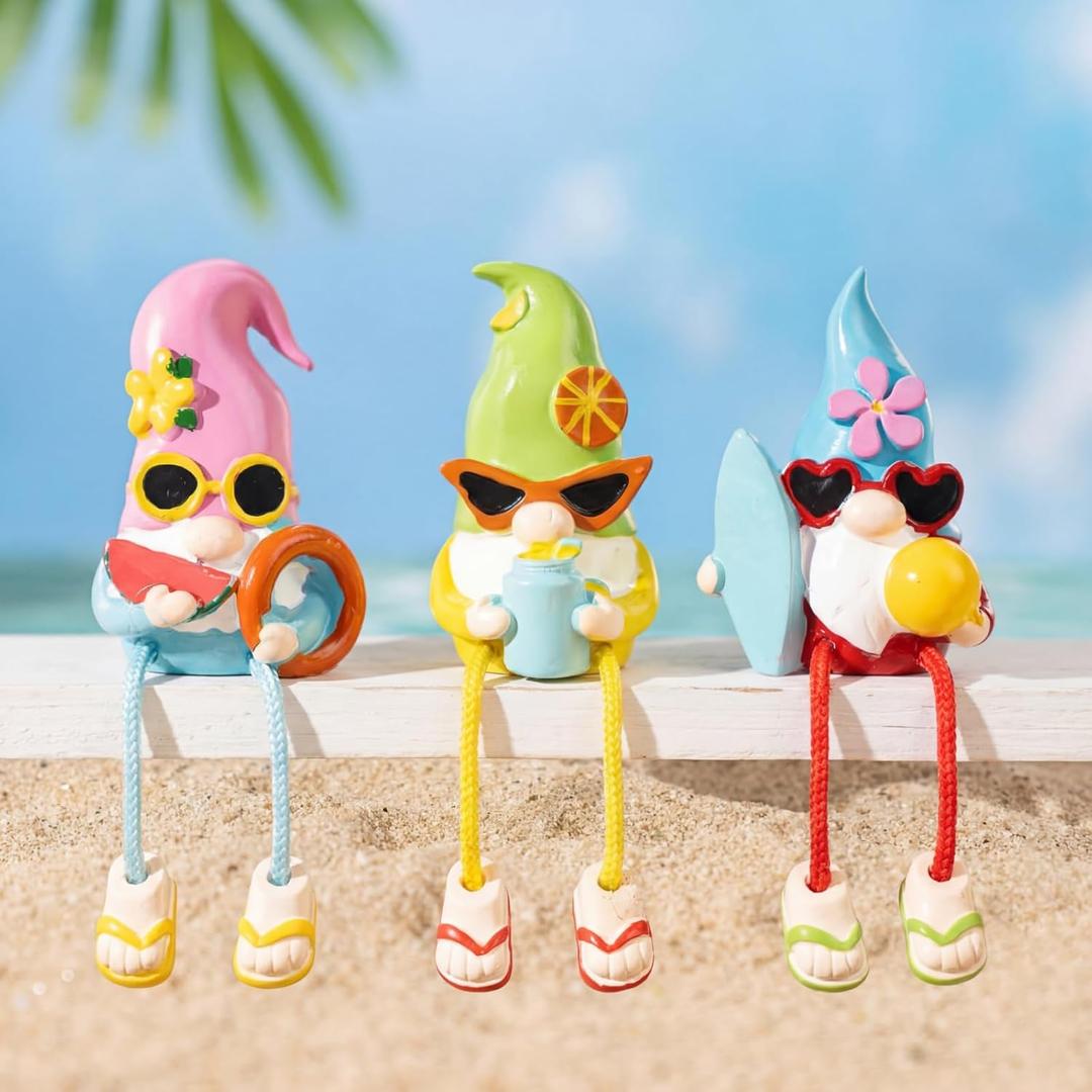 3 Pcs Summer Gnomes Figurines Decorations Hawaii Summer Table Centerpieces Shelf Sitter with Dangling Legs Resin Gnome Figurines for Summer Home Party Kitchen Decorations Holiday