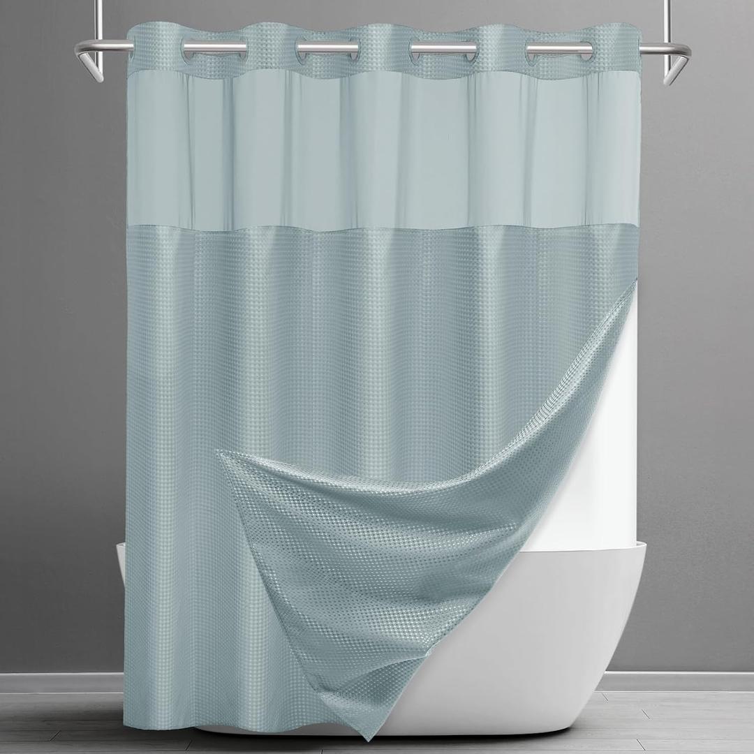 SORTTO No Hook Shower Curtain with Snap in Liner Set Waffle Shower Curtain for Bathroom Hotel Style Fabric Waterproof Inner Liner71" W x 74" H, Fog Blue
