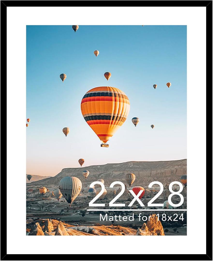 JCJMY 22x28 Picture Frame with 18x24 Mat, Display Photo 18x24 with Mat or 22 x 28 Without Mat, Wall Hanging Large 22 by 28 Poster Frame with Plexiglass, Black