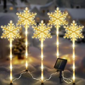 5 Pcs Acrylic Solar Pathway Stakes Lights Outdoor Waterproof, 8 Modes Christmas Decorations Outdoor Yard, Solar Christmas Garden Decor Lights (Xmas Snowflake Warm White)
