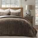 EVERGRACE Velvet Quilt Set King Size, Luxurious Soft Quilted Bedding Sets, Lightweight Velvet Comforter for All Season, Striped Channel Bedspread Coverlet with 2 Shams, Mushroom Brown