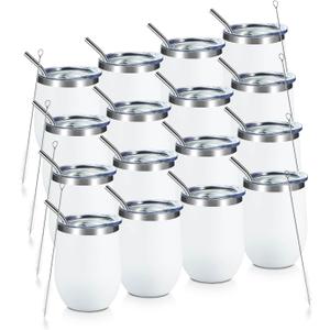 COMOOO 12oz Wine Tumbler with Lid and Straw, Stainless Steel Stemlss Wine Glass, Double Wall Vacuum Insulated Wine Tumbler Cup for Wine, Cocktails, Champaign, White, 16 Pack