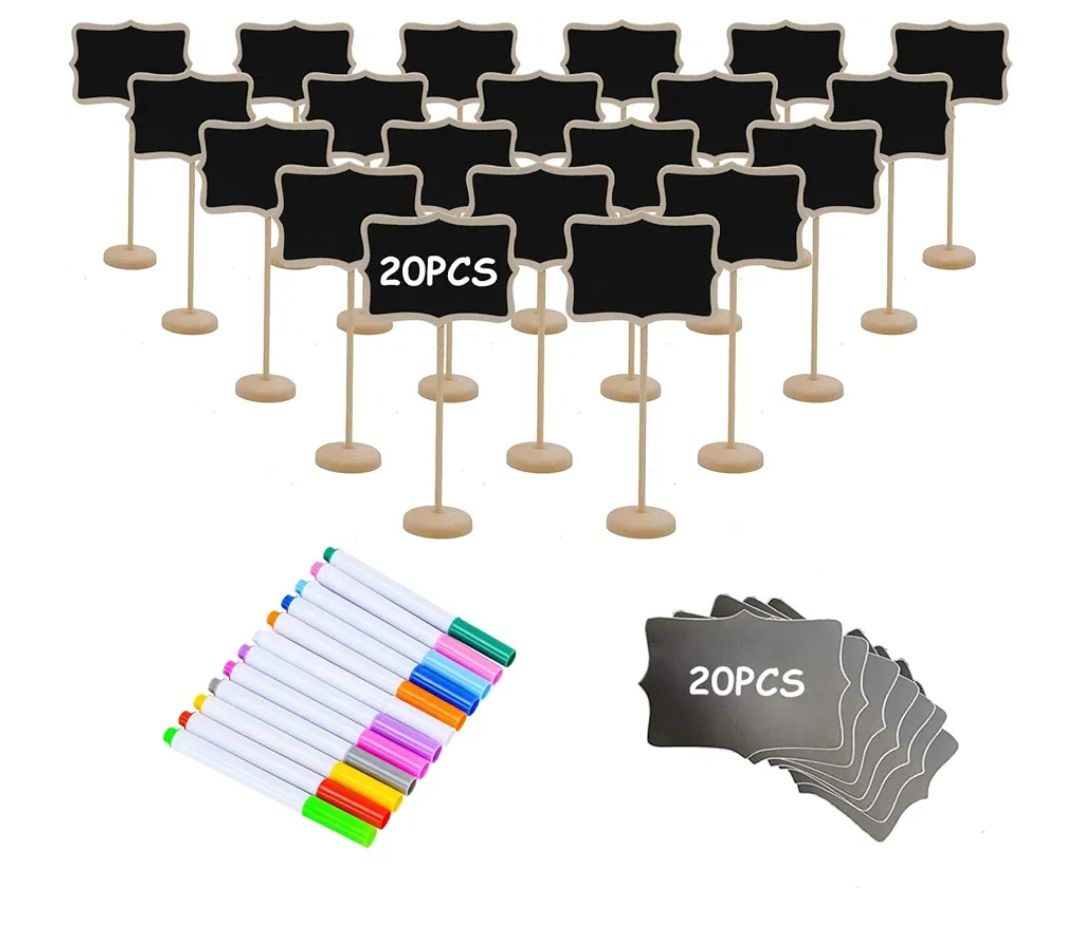 20PCS Wood Mini Chalkboard Sign and Replacement Stickers, Food Labels for Party Buffet,Blackboard for Message Board Signs,Weddings Place Cards, Birthday Party