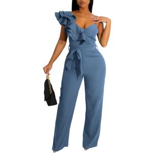 Kaimimei Womens Casual Jumpsuits V-Neck Sleeveless Ruffle Backless Belted Wide Leg Pant Sexy Romper Party Clubwear, 2XL