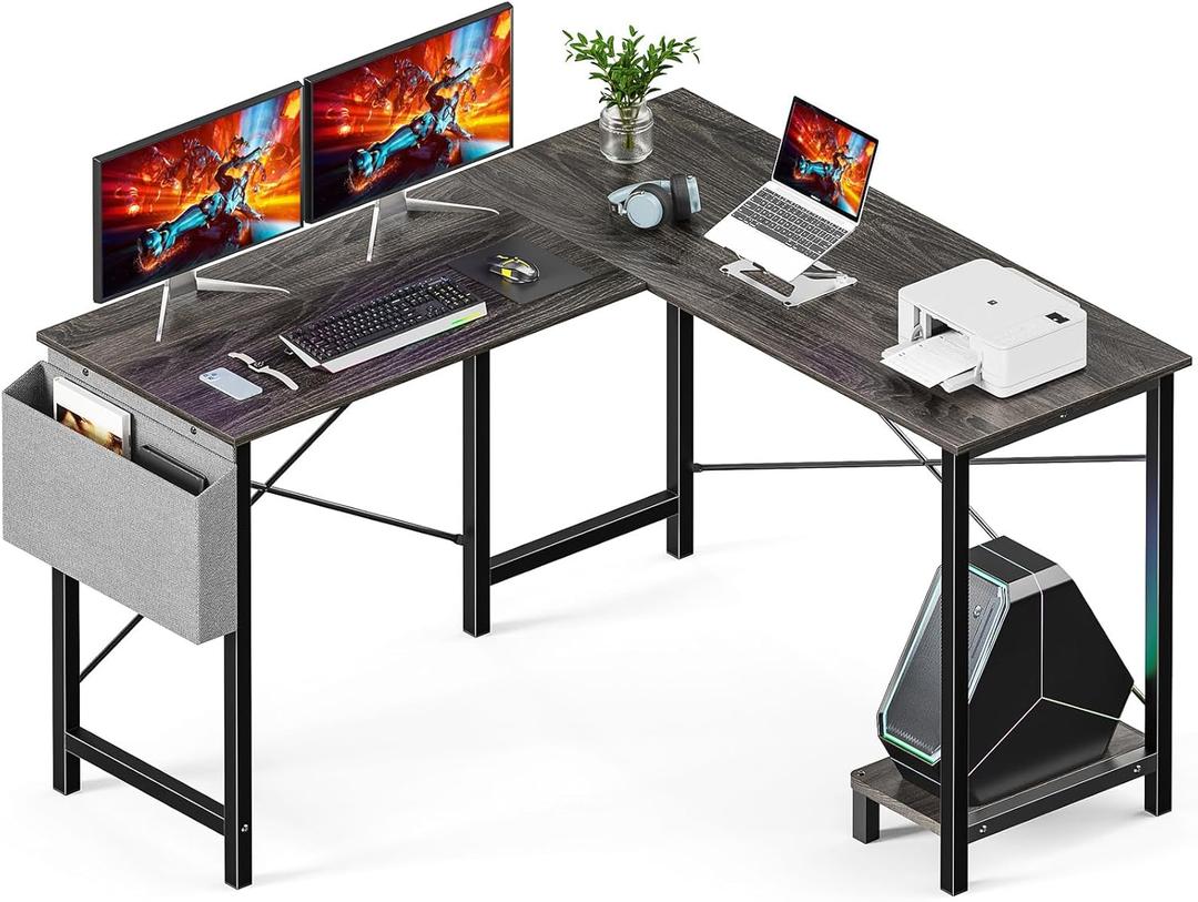 DUMOS L Shaped Desk Computer Gaming Corner Table 50 Inch Home Office Writing Student Work PC Workstation with Side Storage Bag CPU Stand for Bedroom Small Spaces (Grey)