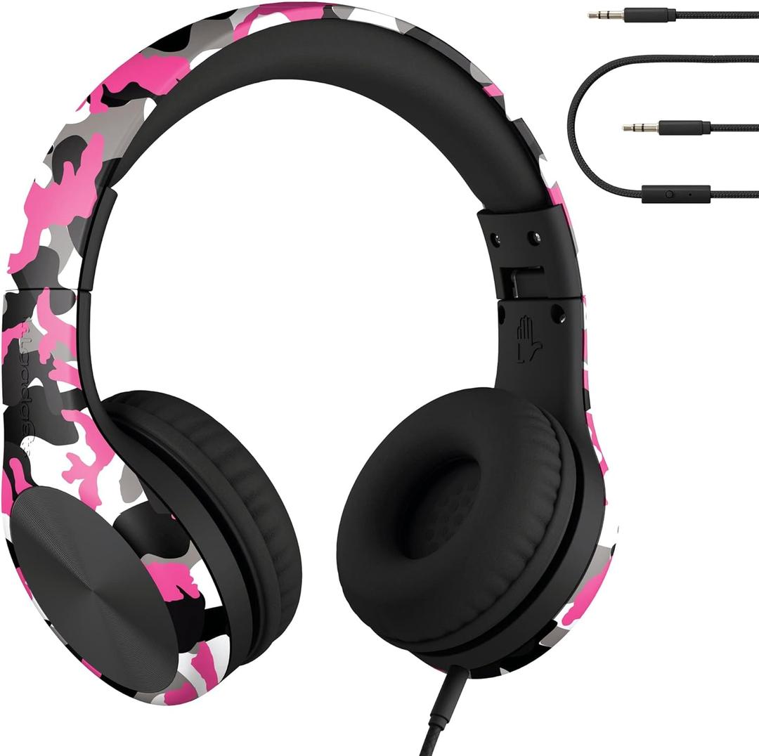 LilGadgets Connect+ Pro Wired Kids Headphones for School with Microphone, Volume Limiting Over-Ear Headset with Cord, SharePort Technology & SoftTouch Padding, Pink Camo (Printed)