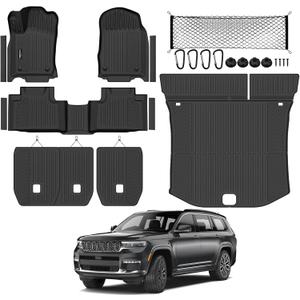Floor Mat Set for 2016-2021 Jeep Grand Cherokee(Not for L) | All Weather TPE Trunk Mat & Backrest Mats & Cargo Net & Door Sill Guards for Jeep Grand Cherokee Accessories