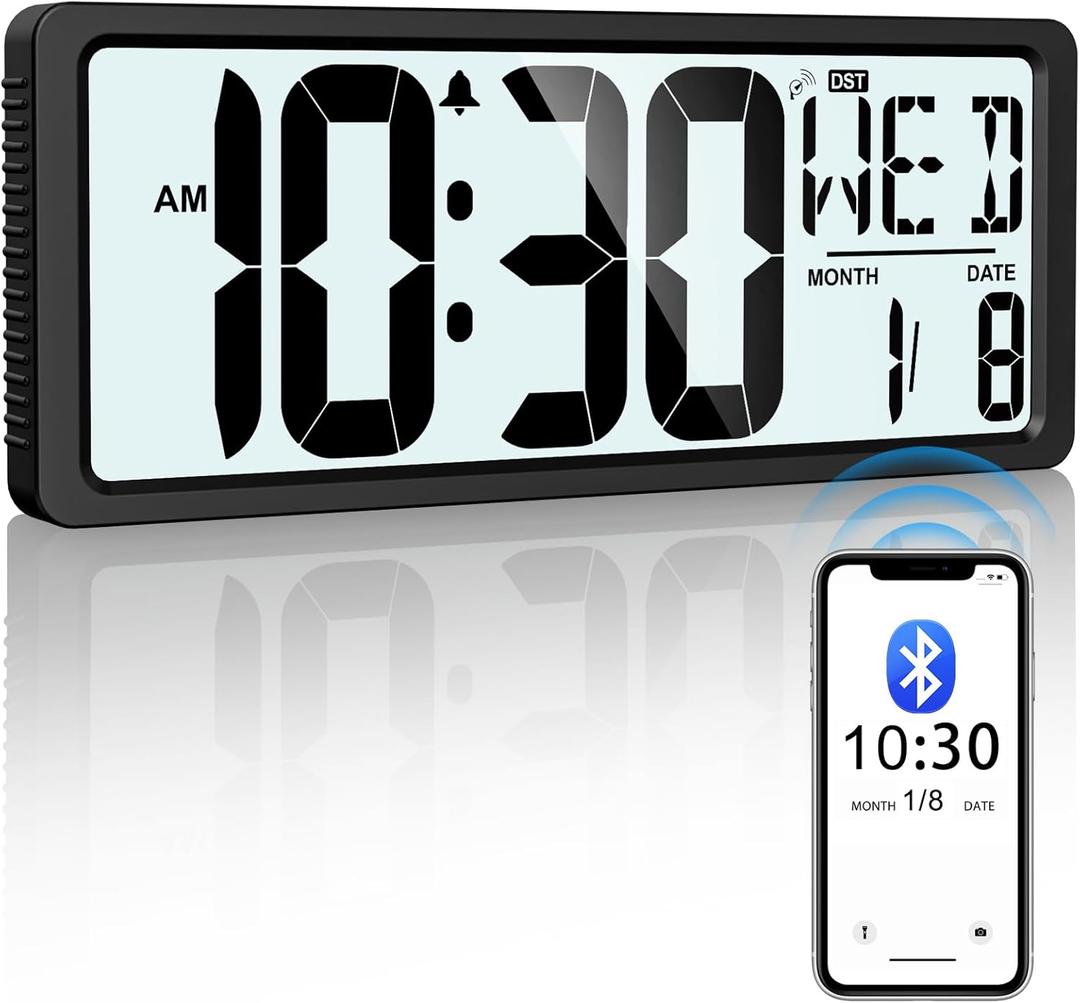 Backlight Digital Wall Clock Battery Operated with Bluetooth Time Sync/No Setup Required, 15'' Large Digital Wall Clock with Day, Date & Temperature, Large Digital Clock for Bedroom, Office (Black)