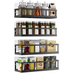 Spice Rack Wall Mounted, 4 Pack Pantry Door Organizer & Hanging Storage Baskets Organizer Wall Mount, Large Capacity Metal Spice Shelf for Kitchen Cabinet, Bathroom, Shower, Home Decor (Black)