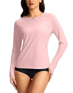 SANTINY Women's Rash Guard UPF50+ SPF Long Sleeve Swimsuits Top UV Sun Protection Swim Shirts for Woman with Zip (Pink_M)