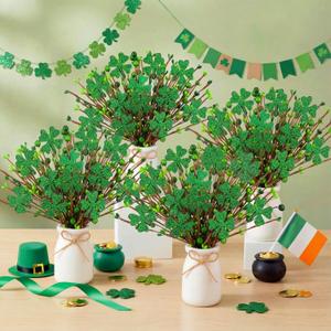 Nitial 4 Pcs St. Patricks Day Decorations St. Patrick's Shamrock Picks Vase Artificial Clover Branches Berry Stems Decoration for Table Centerpiece Floral Arrangements Party Irish Vase Decor
