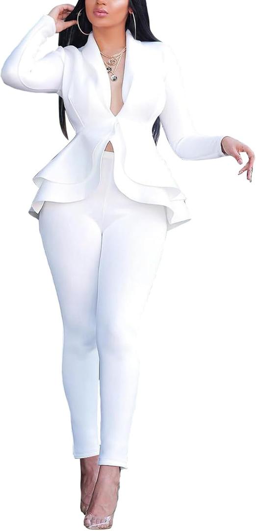Women's Deep V Neck Ruffle Blazer Two Piece Outfits Sets Long Sleeve Long Pants Bodycon Business Suit Set (Large, White)