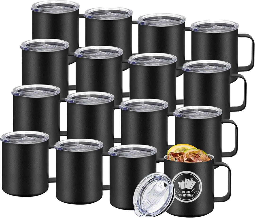 YOUKE OLA 16 Pack Stainless Steel Insulated Coffee Mug Bulk with Handle & Lids, Powder Coated 12oz Vacuum Insulated Double Wall Mug for Laser Engrave, Black