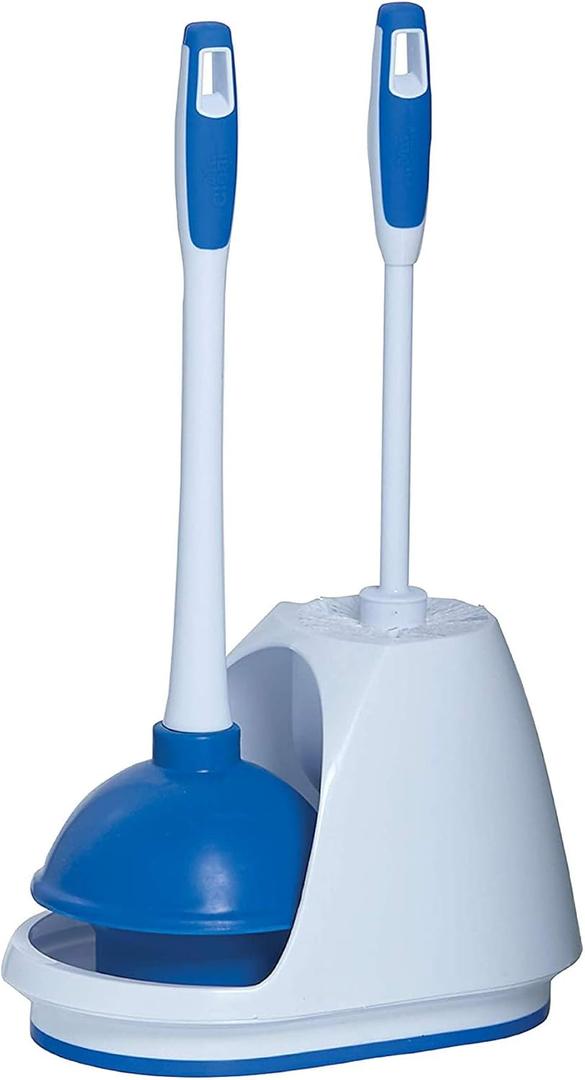 Mr. Clean Toilet Plunger and Bowl Brush Combo with Caddy, 3-Piece Heavy-Duty Plunger, Toilet Brush, and Caddy Set, White/Blue (1-Pack)
