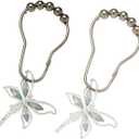 Crystal Dragonfly Shower Curtain Hooks - Brushed Nickel Rings with Rhinestones Dragonfly Pendant, Rust Proof Silver Metal Curtain Hangers (Silver) 12 Pcs