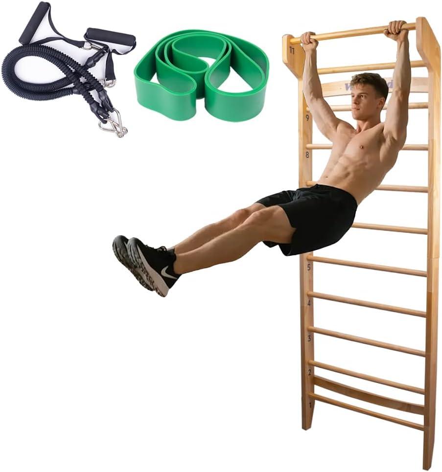 Wood Swedish Ladder with 11 Strategic Rods,Withstands up to 330 lbs,Stall Bar,Include Exercise Straps+Pull-Up Resistance Band+Pull-Up Bar,31.5”*86.6”,Wall Mounted,Stretching and Various Exercises,Indoor Home School Gym Fitness