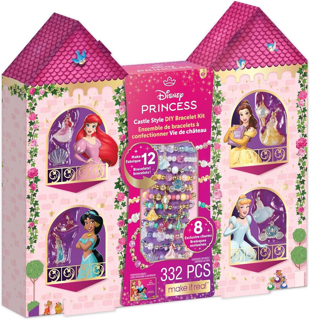 Make It Real: Disney Princess: Castle Style DIY Bracelet Kit - 332 pcs Jewelry Set, Create 12 Bracelets, 8 Exclusive Charms, Girls & Kids Ages 6+