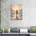 Pink Jesus Walking On Water Canvas Wall Art Christian Bible Paintings Prints Religious Spiritual Faith Wall Decor Religious Savior Posters Pictures for Living Prayer Church Bedroom Framed, 24"L x 16"W