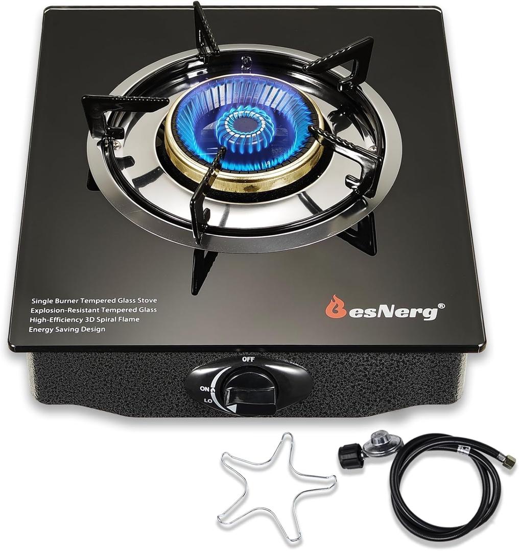 Propane Stove 1 Burner Gas Stove, 14500 BTU High-Efficiency Auto Ignition Tempered Glass LPG Cooktop with CSA Regulator and Hose  for Outdoor Camping, RV, and Emergency Cooking