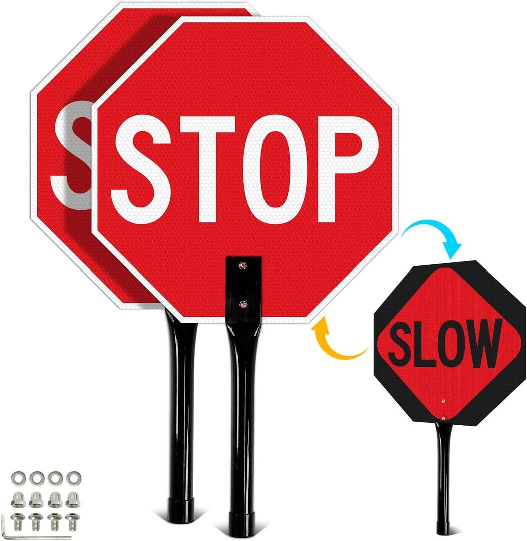 T&R (2 Pack) Stop Slow Sign with Handle, 13 x 13 Inches Double Sided Stop/Slow Traffic Sign, Rust Free Aluminum Reflective, Weather Resistant, Waterproof, Fade Resistant, Easy to Mount.