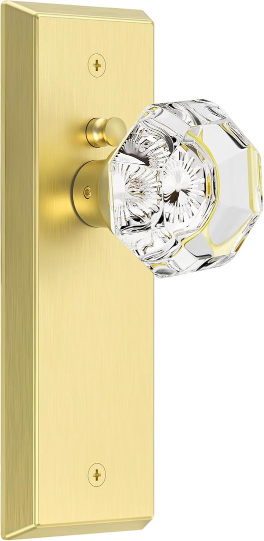 Glass Door Knobs for Interior Doors - Vintage Crystal Privacy Bedroom & Bathroom Door Knob with Lock - Diamond Cut Door Handle - Brushed Gold Finish (1 Pack)